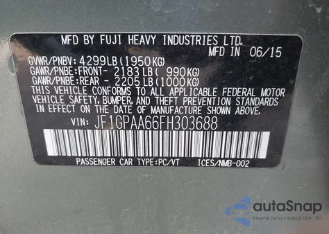 2015 Subaru Impreza 2.0I from USA, damaged, VIN JF1GPAA66FH303688